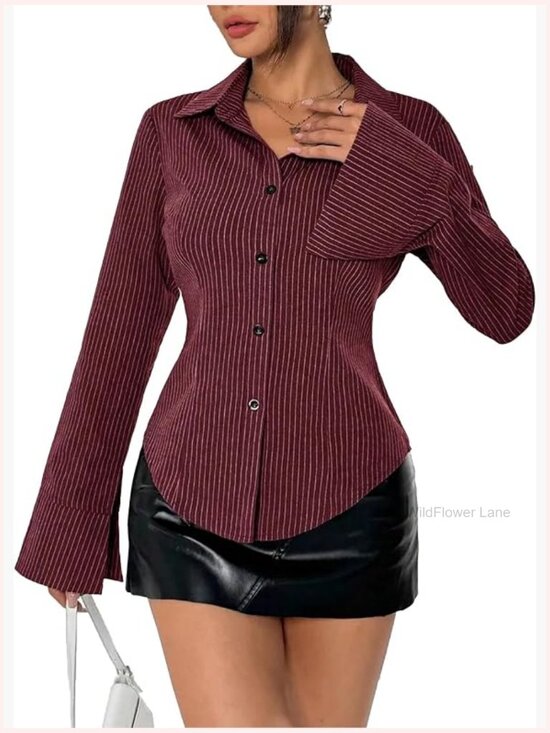 Tops - Striped Long Sleeve Button Down Shirt Fitted Collared Blouse Office Work Top